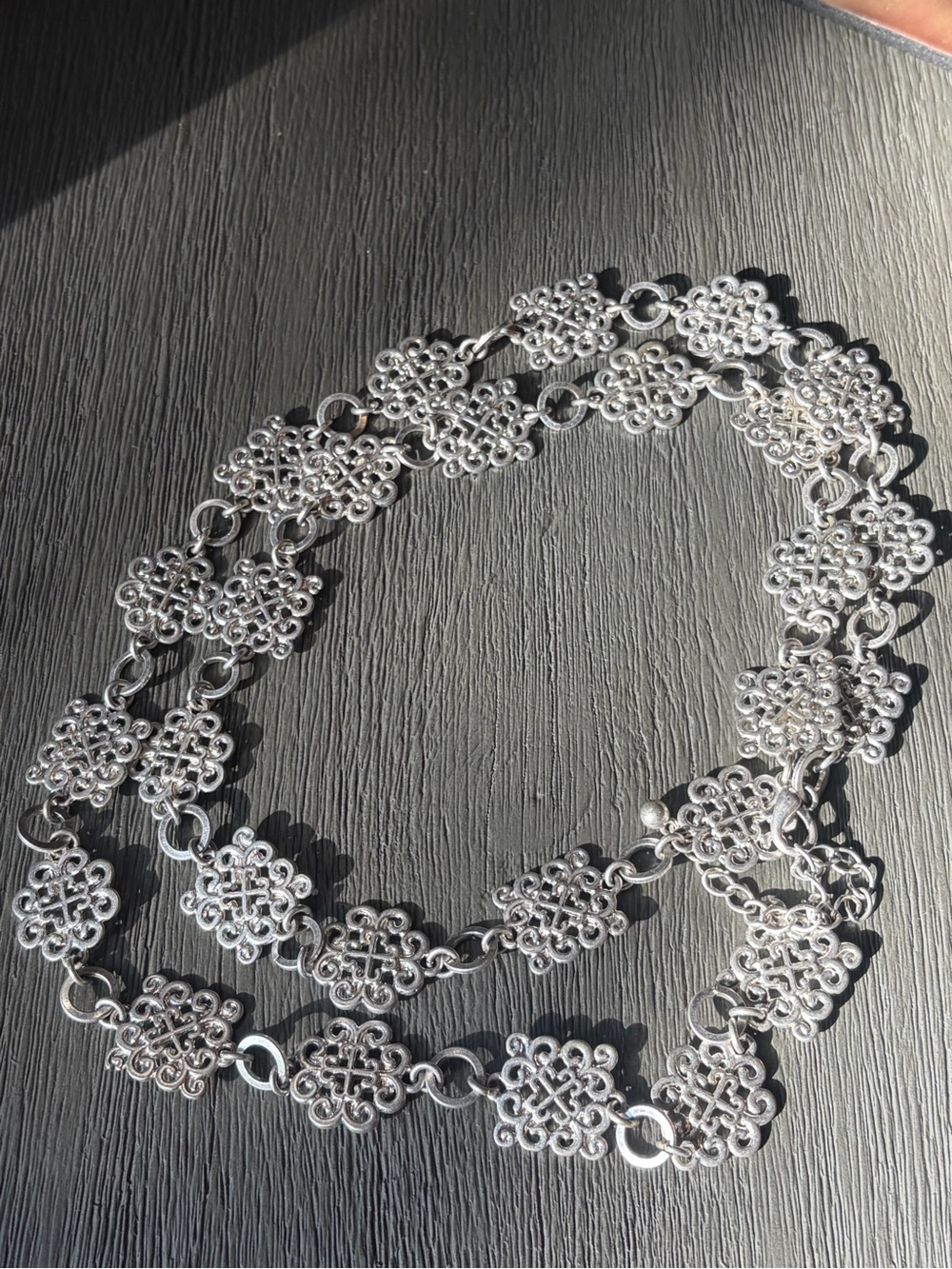Long Silver Tone Filigree Scrollwork Station Necklace 36" Boho Statement